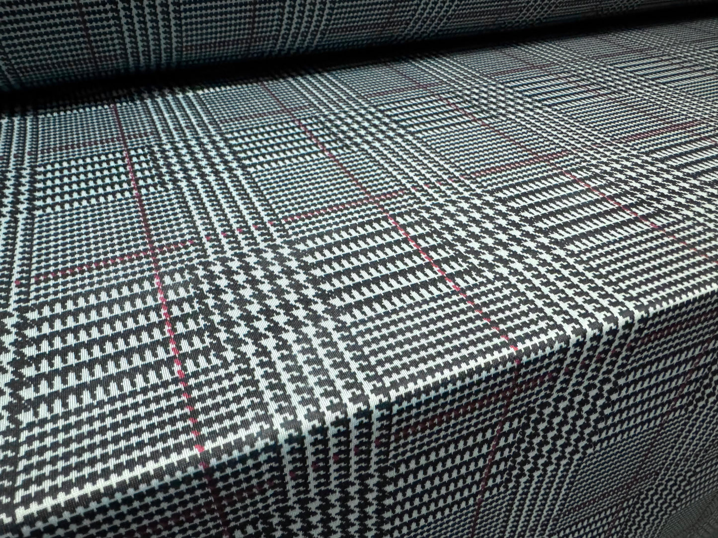 Stretch spandex single jersey fabric, per metre - dogtooth check print - sky blue & black
