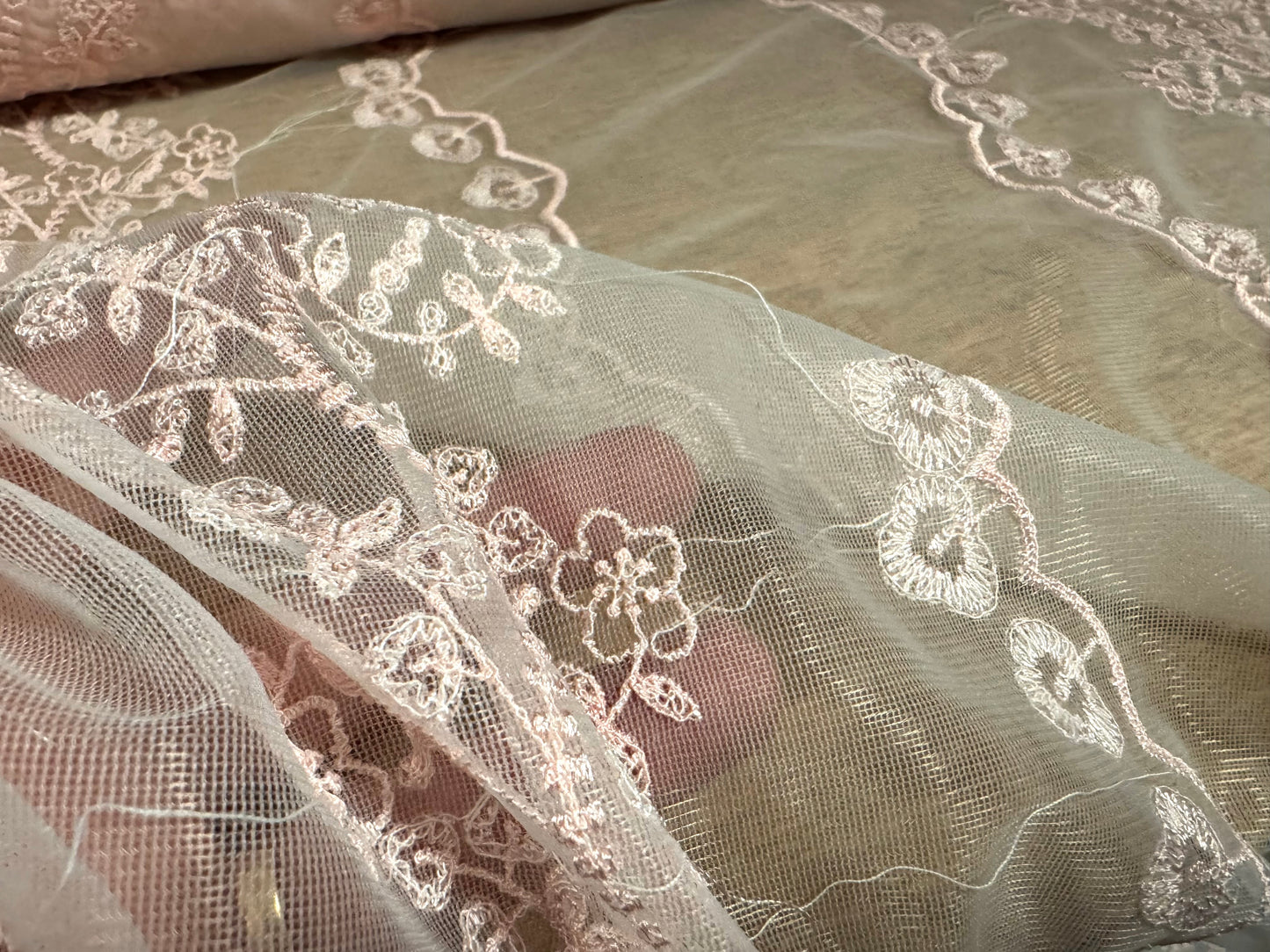 Embroidered tulle mesh net fabric, per metre - floral stripe - blush