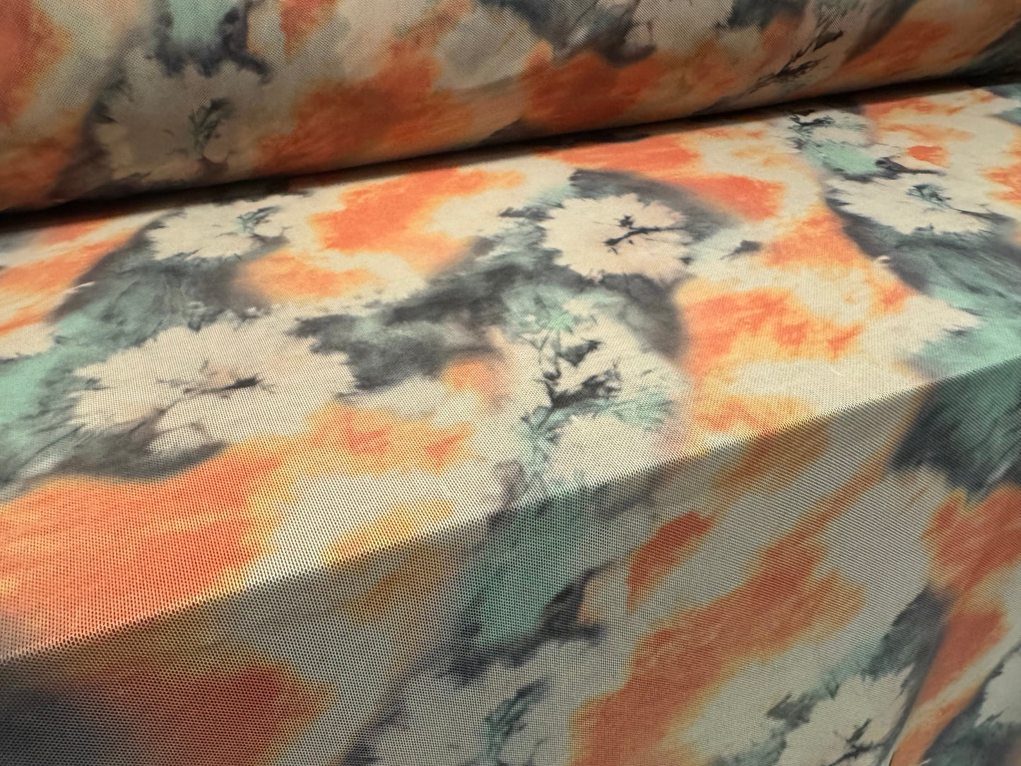 Power mesh net stretch spandex fabric, per metre - smudge floral print - peach & teal