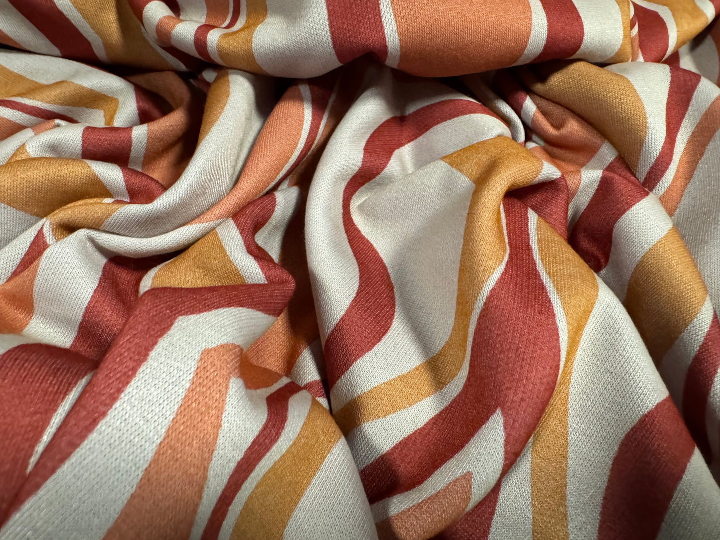 Sweatshirt fleece soft jersey fabric, per metre - Moroccan wave print - grey, wine & terracotta