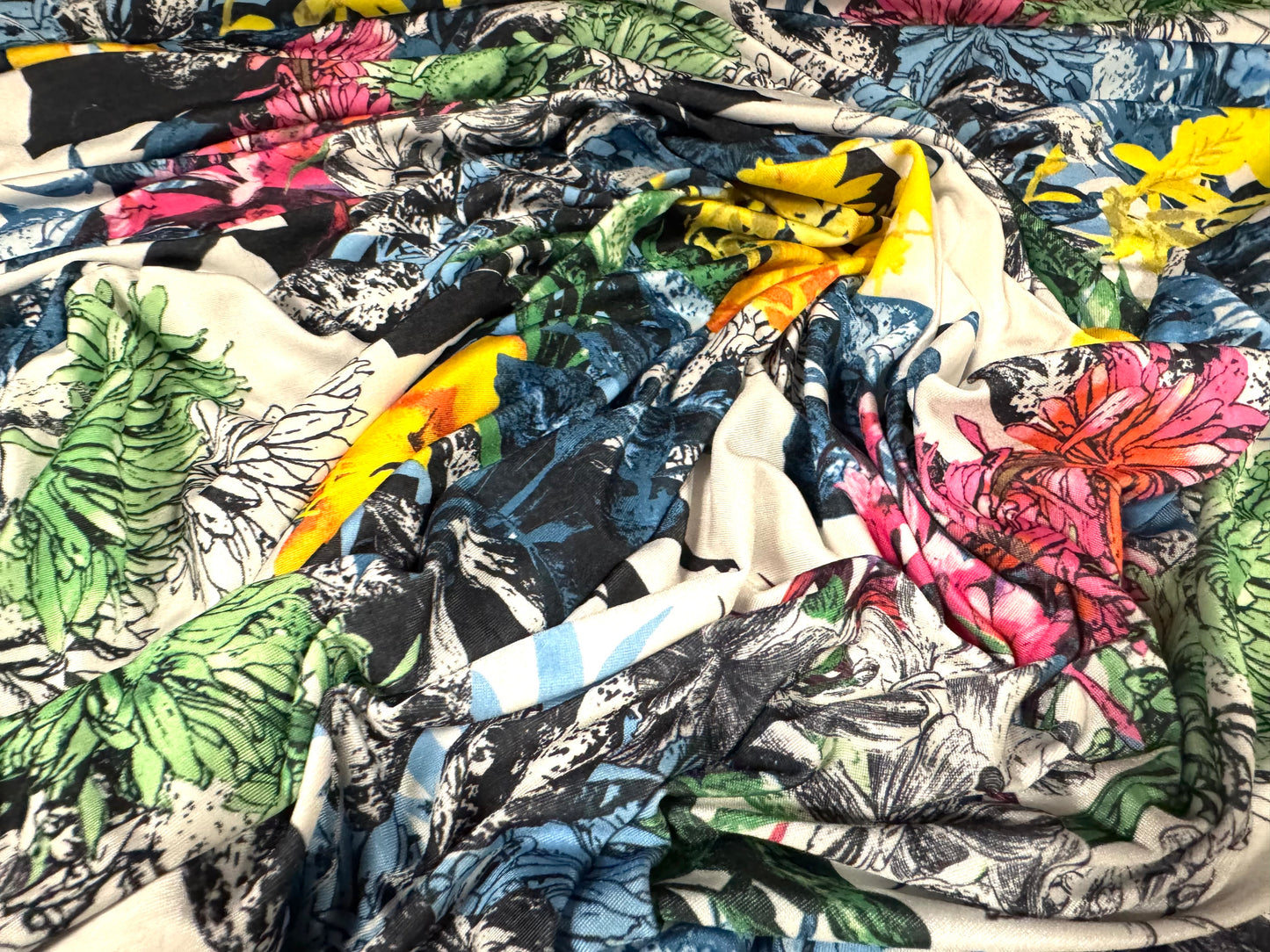 Soft touch stretch spandex single jersey fabric, per metre - Lily Bouquet print - multicolour