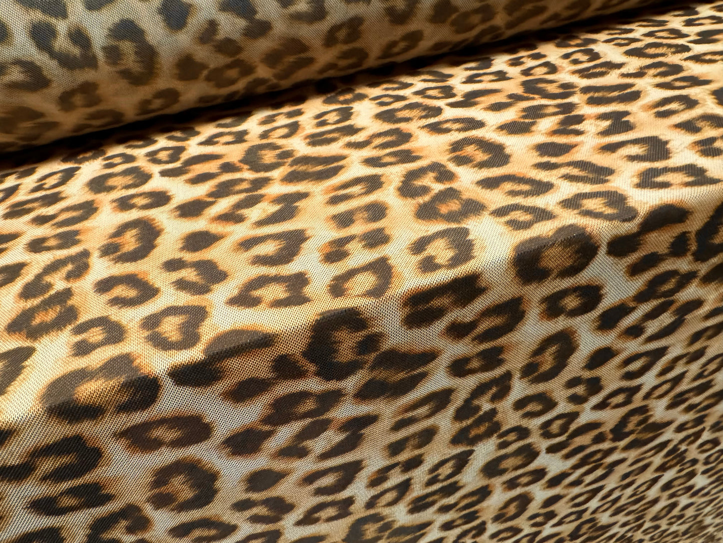 Power mesh net stretch spandex fabric, per metre - leopard animal print - stone & gold