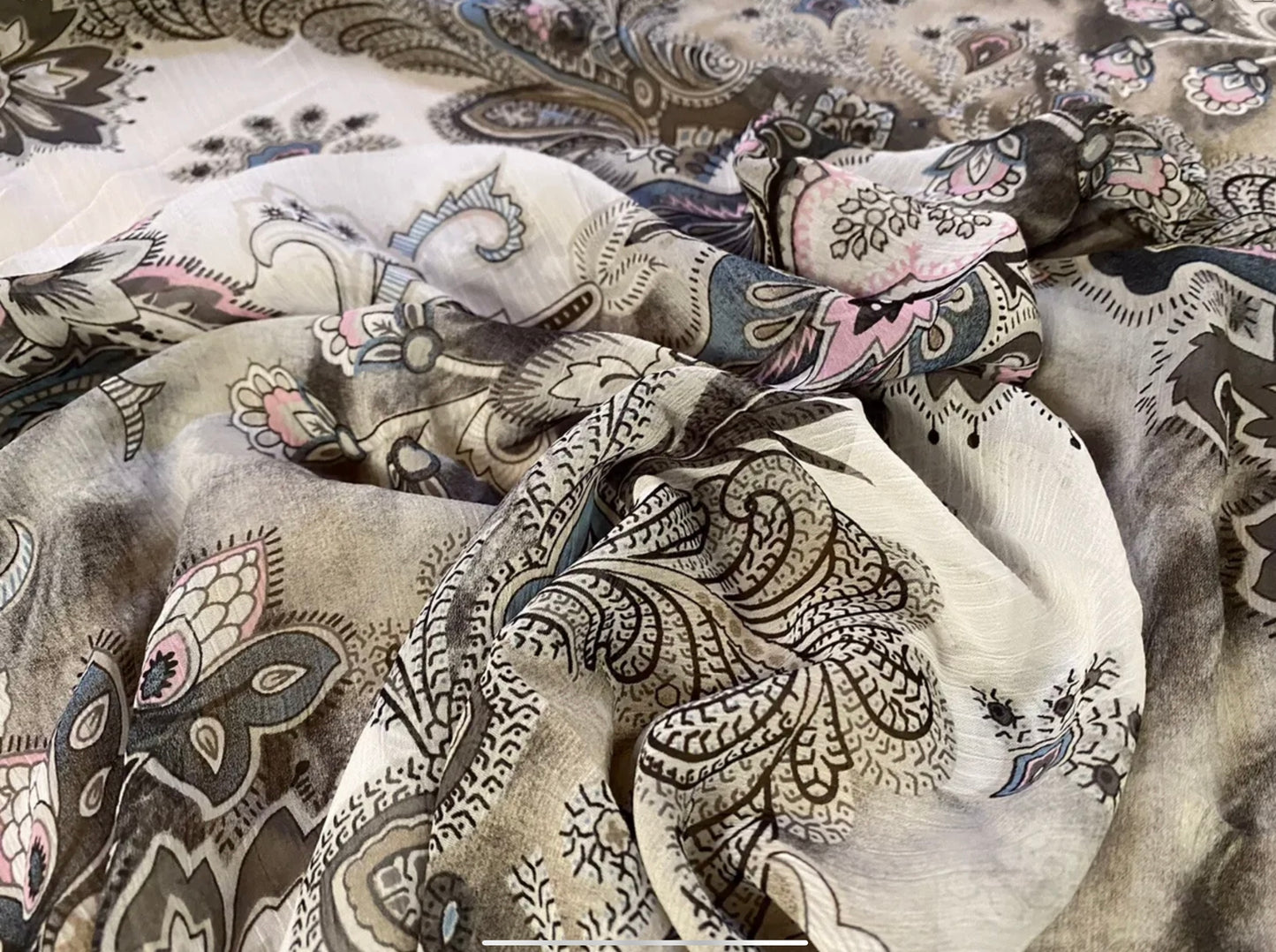 Printed chiffon yoryu dress blouse fabric, per metre - paisley shadow print - grey & pink