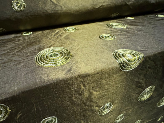 Taffeta faux silk fabric, per metre - embroidered concentric circles - olive green