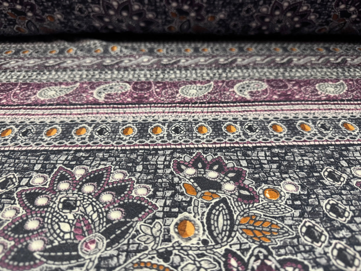 Scuba crepe stretch spandex double jersey fabric, per metre - paisley stripe print - navy & magenta