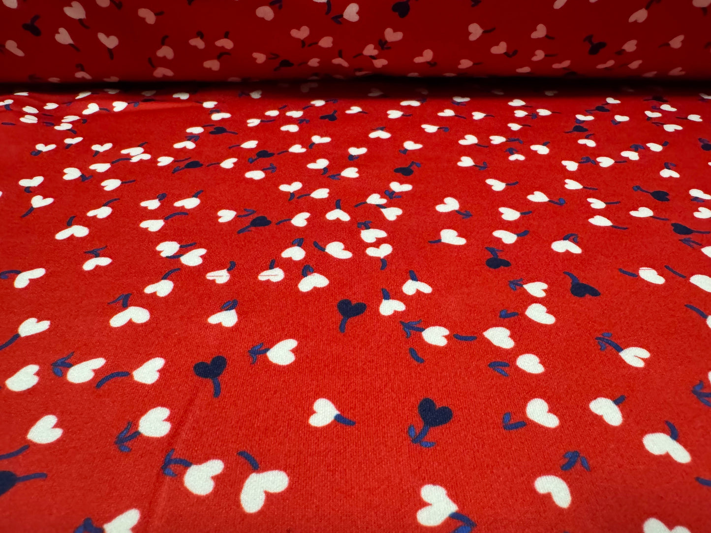 Scuba stretch spandex double jersey dress fabric, per metre - love heart flowers print - red white & blue