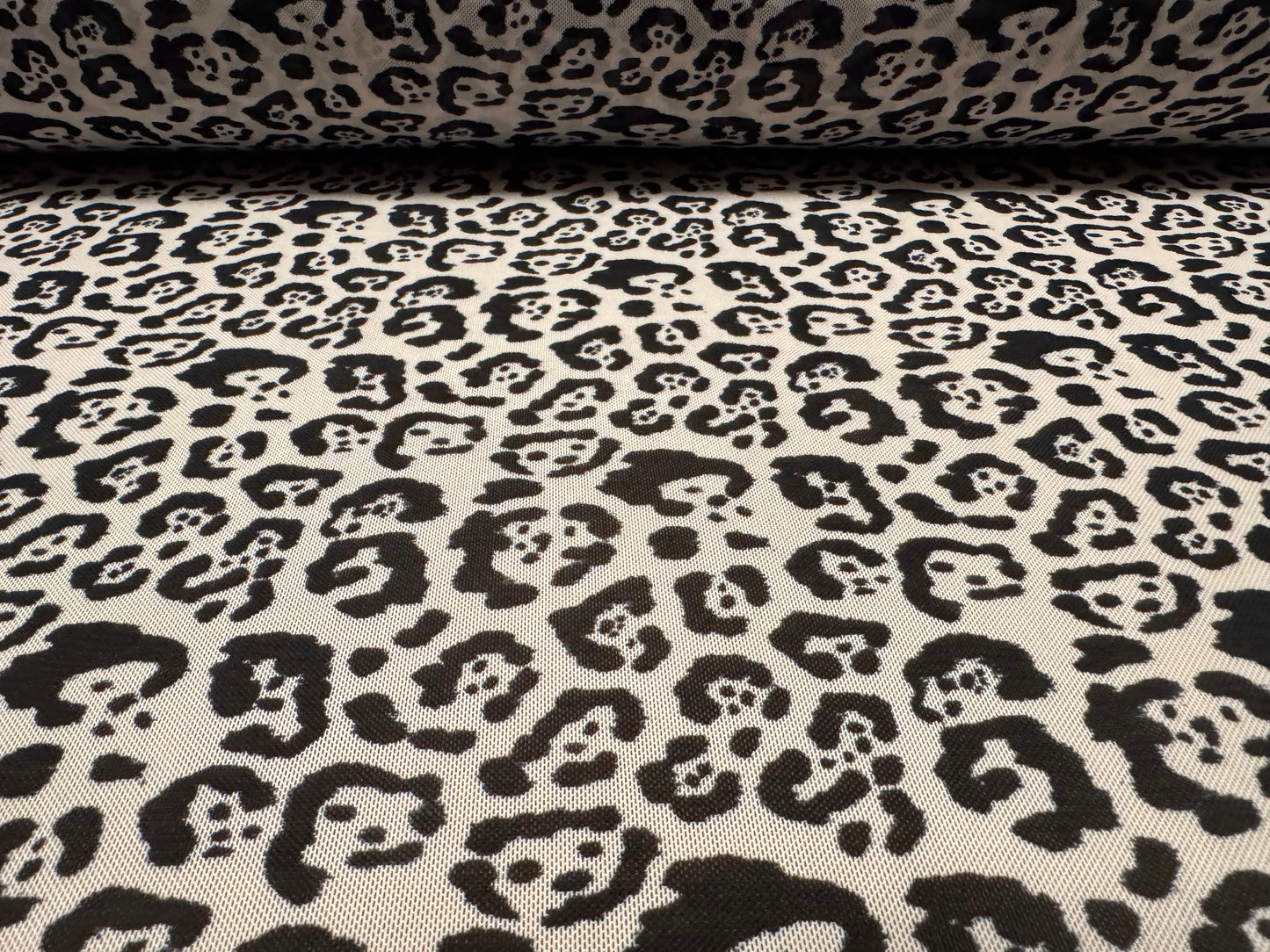 Power mesh net stretch spandex fabric, per metre - leopard animal print - pearl