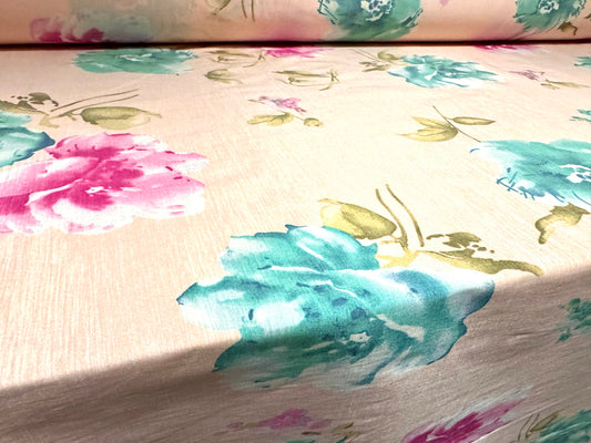 Stretch taffeta faux silk fabric - floral print - pink & turquoise