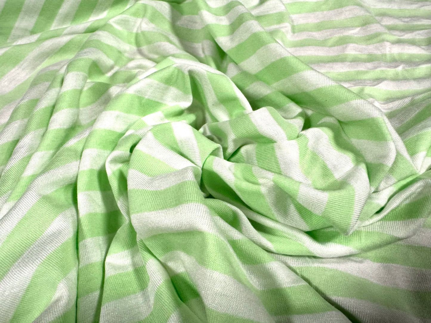Viscose spandex stretch single jersey fabric, per metre - stripe - pastel green & white