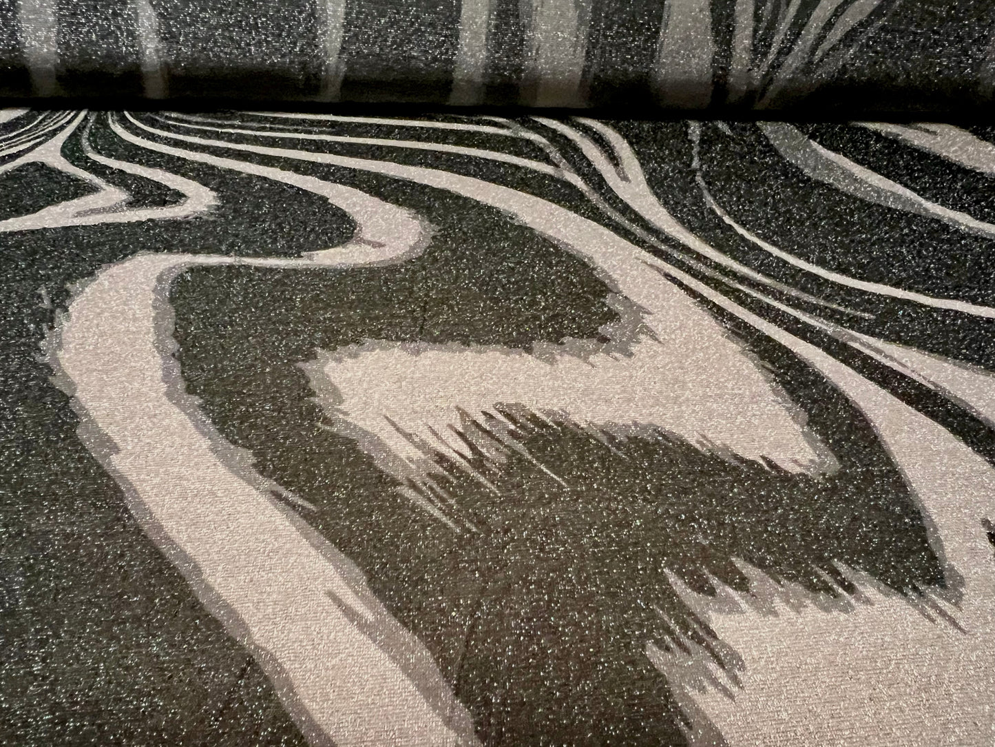 Metallic lurex mesh net fabric, per metre - swirl print - grey & stone