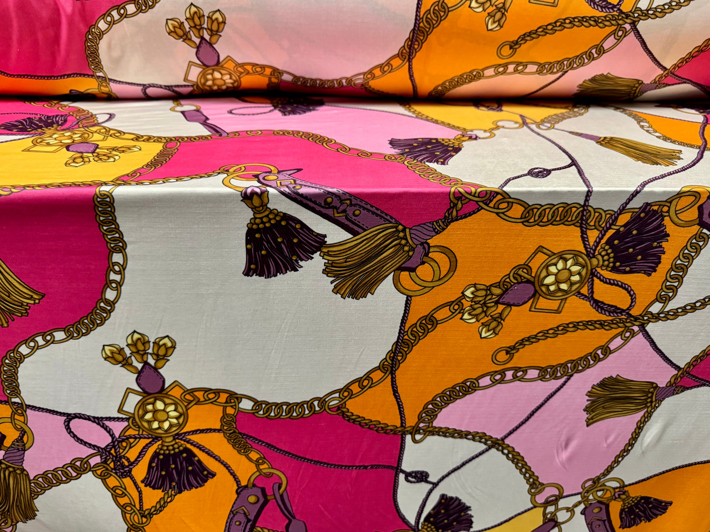 Soft touch stretch spandex single jersey fabric, per metre - tassels and chains print - pink gold & cream