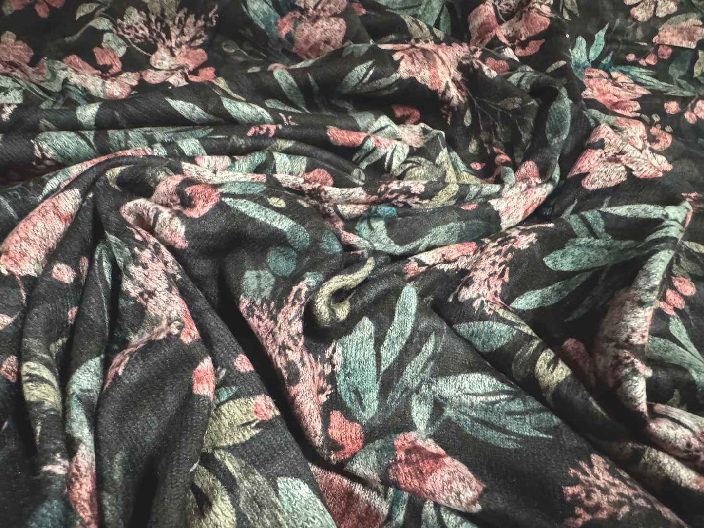 Super soft knitwear jersey fabric, per metre - Flower print - charcoal & pink