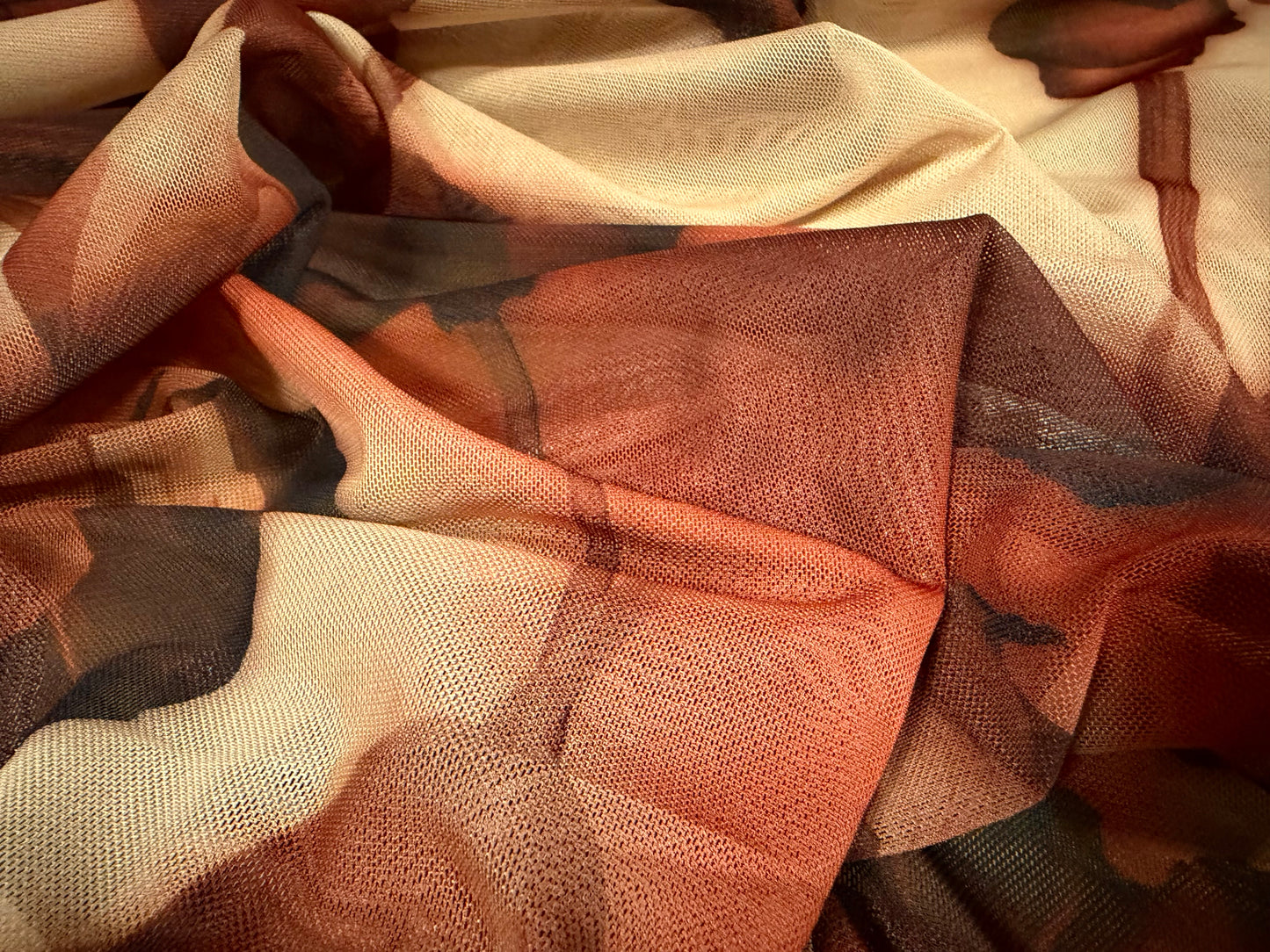 Power mesh net stretch spandex fabric, per metre - stylised poppy print - brown rust & beige