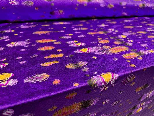 Metallic lamé stretch spandex jersey fabric, per metre - distressed snakeskin print - purple