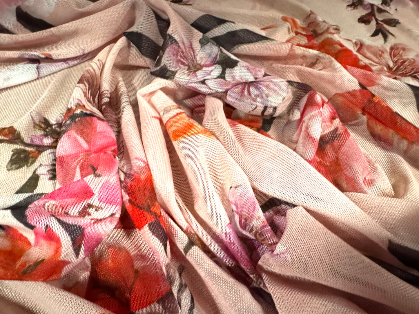 Power mesh net stretch spandex fabric, per metre - birds & blossom print - pink