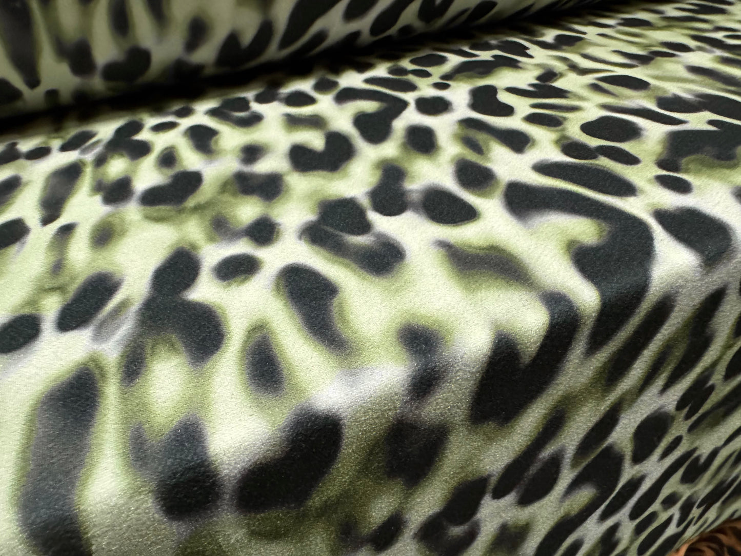 Super stretch crepe spandex double jersey fabric, per metre - smudged leopard print - sage green