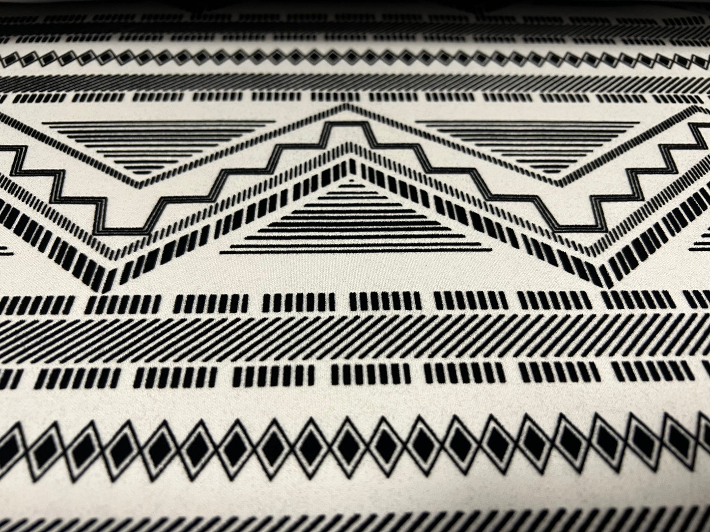 Stretch spandex double jersey fabric, per metre - flocked aztec print - white & black