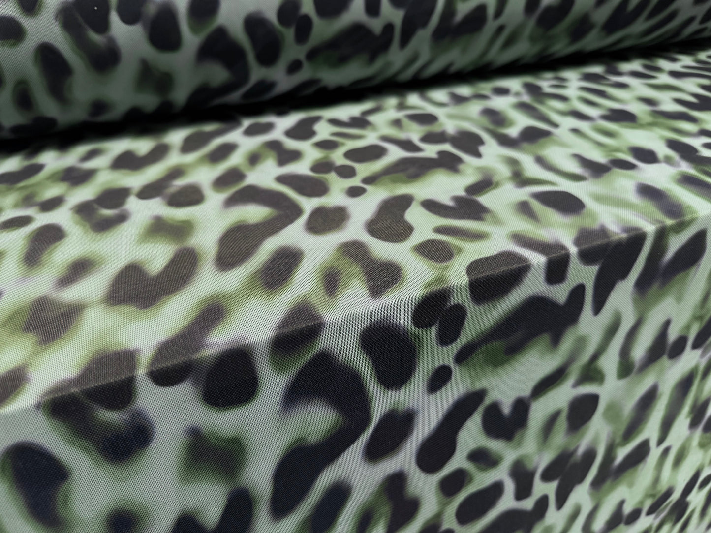 Power mesh net stretch spandex fabric, per metre - smudged leopard print - duck egg