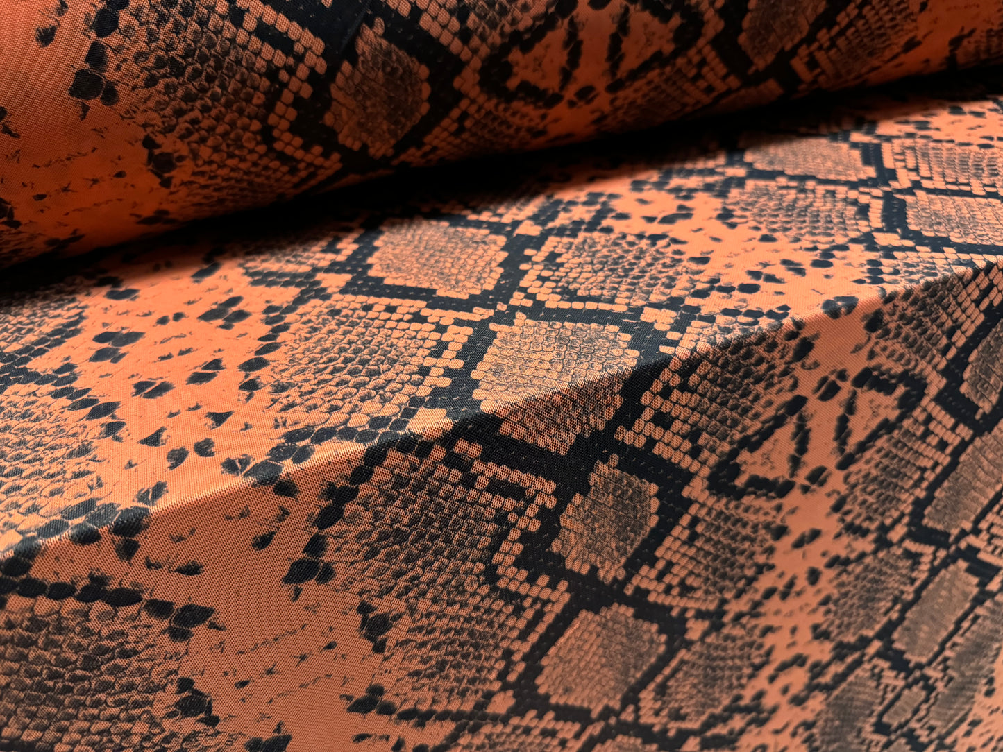 Power mesh net stretch spandex fabric, per metre - snakeskin animal print - terracotta