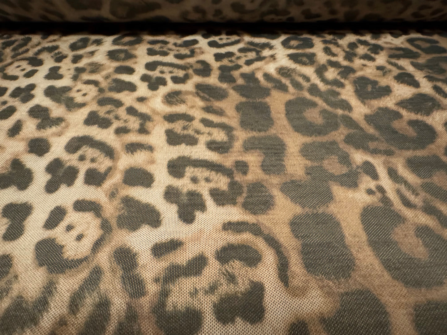 Power mesh net stretch spandex fabric, per metre - leopard animal print - stone & brown