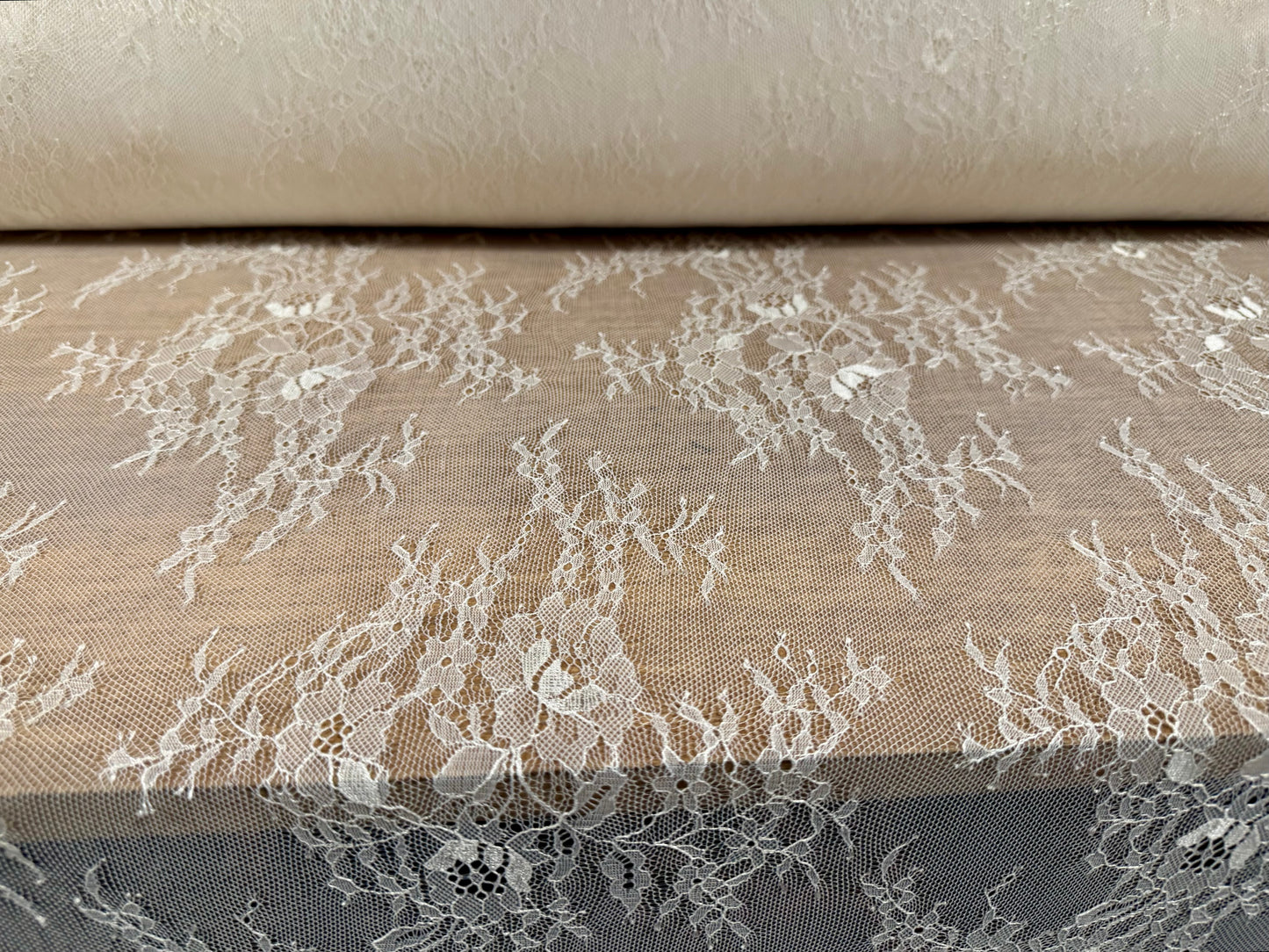 Lightweight mesh lace fabric, per metre - wildflower design - ivory
