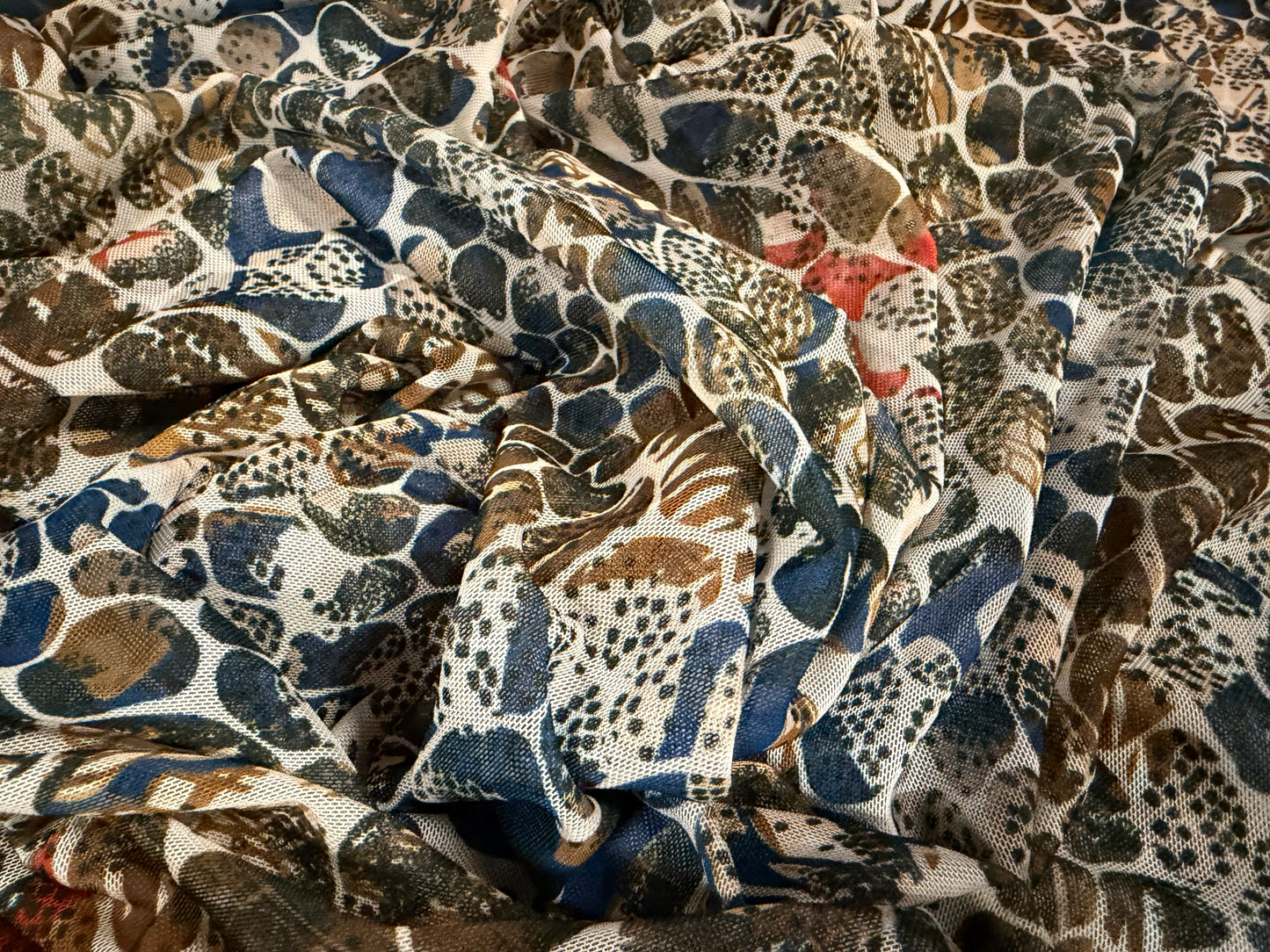 Power mesh net stretch spandex fabric, per metre - stylised crocodile print - cream olive & blue