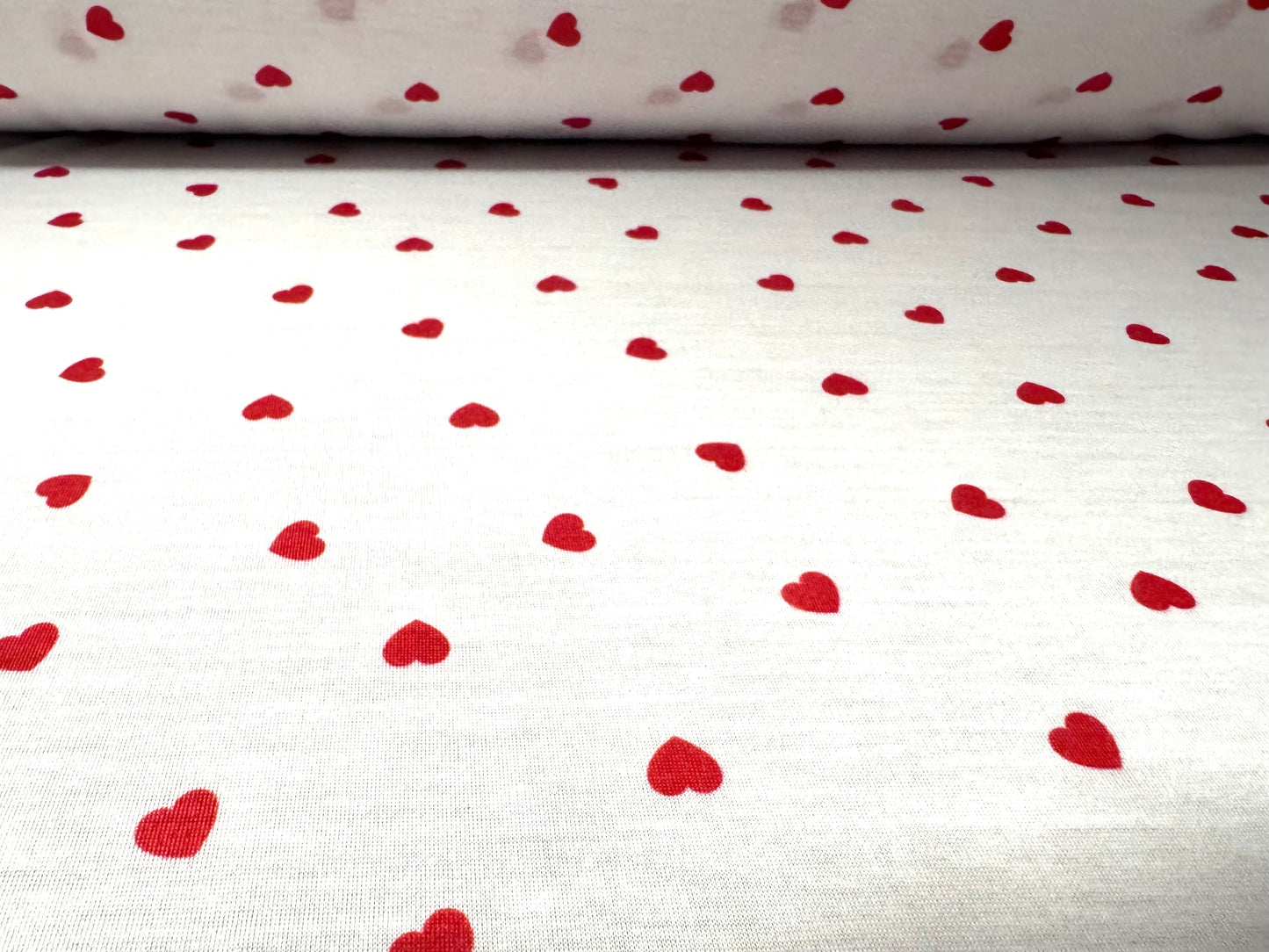 Soft handle single jersey fabric, per metre - love heart print - white & red