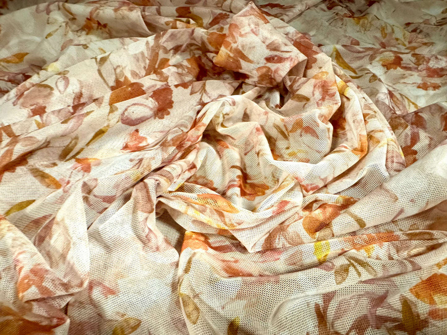 Power mesh net stretch spandex fabric, per metre - floral print - cream & dusky pink