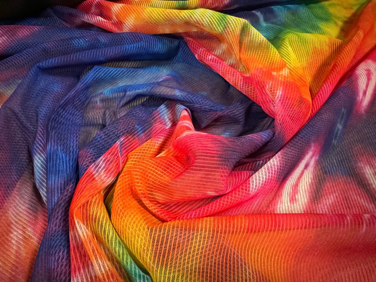Power mesh rib net stretch spandex fabric, per metre - rainbow tie dye print - multicolour