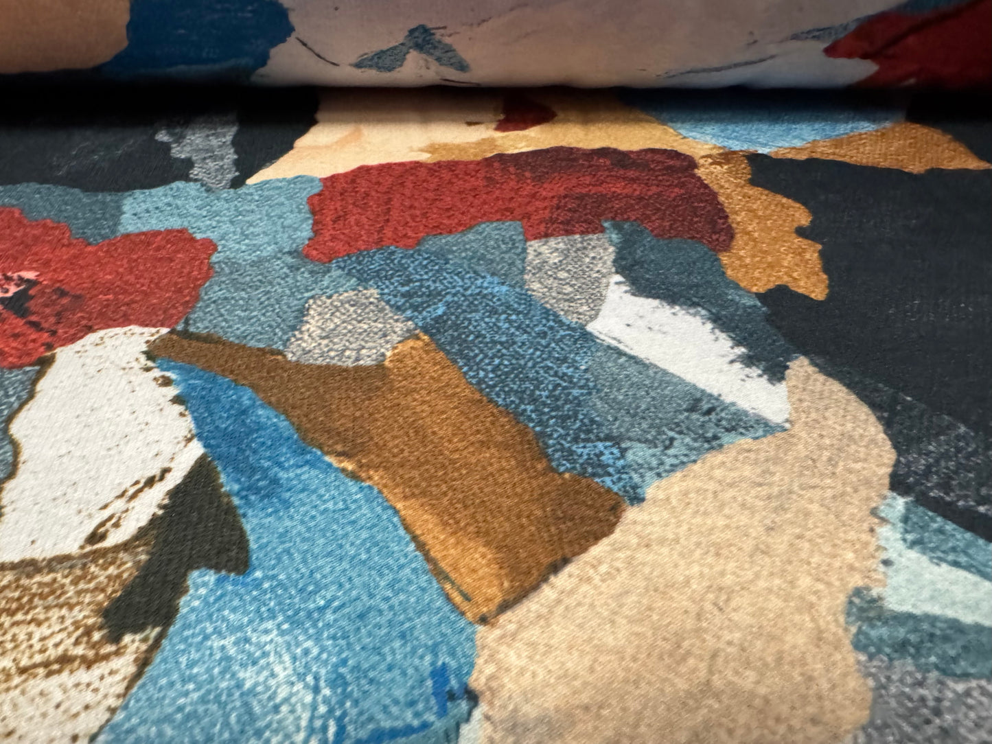 French Terry loopback sweatshirt jersey fabric, per metre - abstract print - teal navy & cream