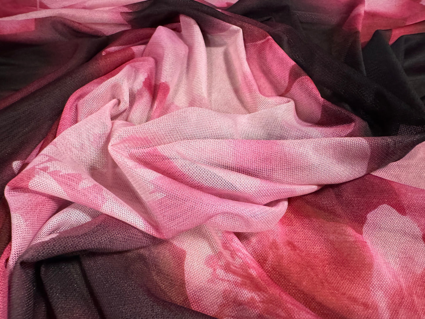 Power mesh net stretch spandex fabric, per metre - peony floral print - black & pink