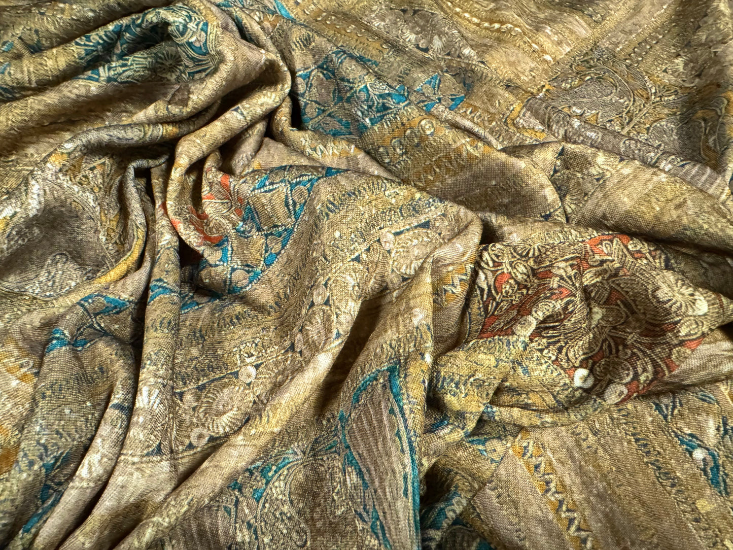 Single jersey fashion fabric, per metre - floral squares print - gold & turquoise