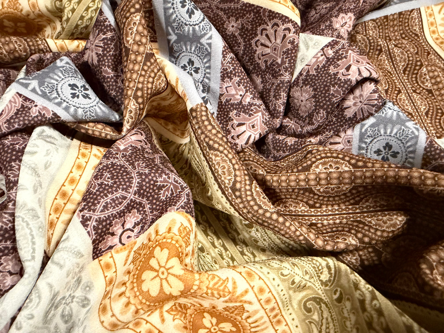 Valentino crepe stretch spandex jersey fabric, per metre - paisley collage print - maroon & brown