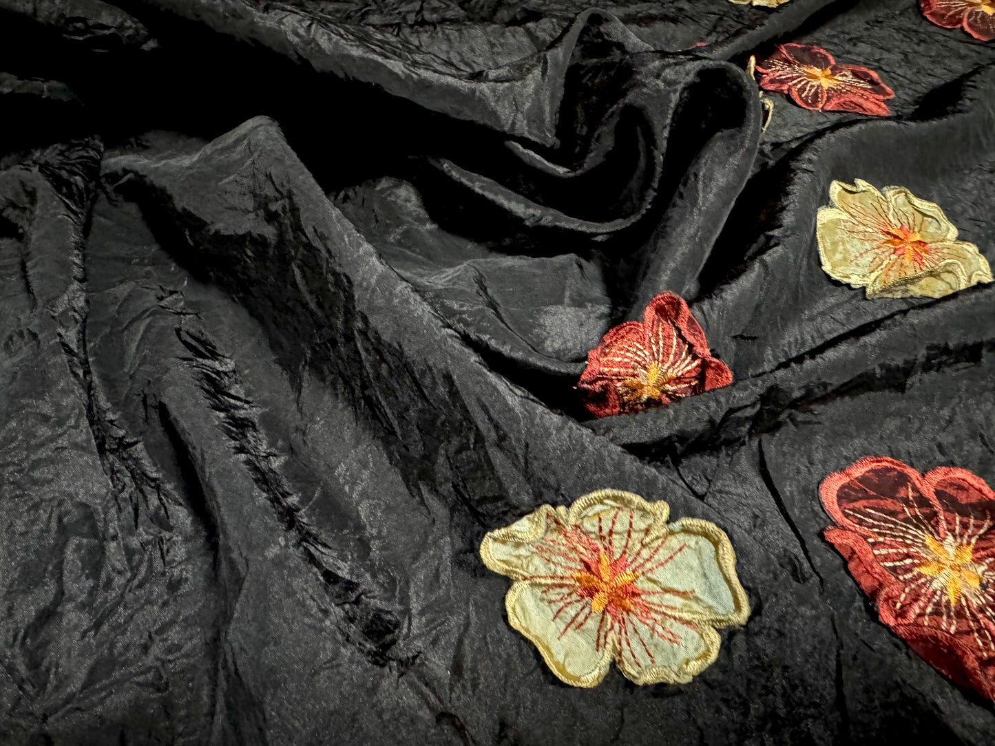 Taffeta faux silk fabric, per metre - embroidered flower appliqué border - black
