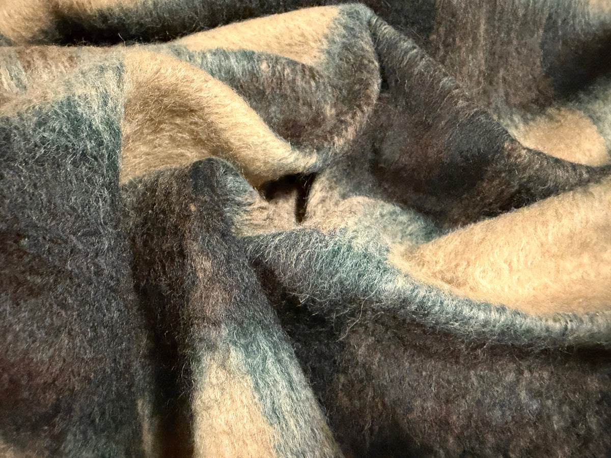 Wool faux fur fabric, per metre - distressed plaid - beige brown & teal