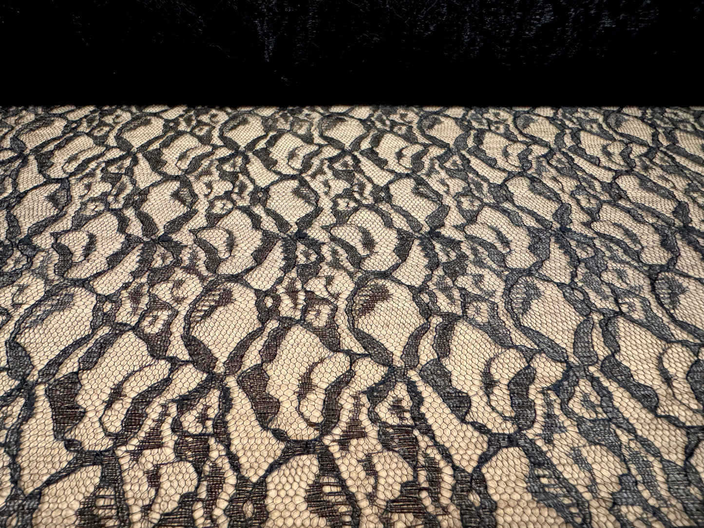 Super sheer mesh lace fabric, per metre - floral design - black