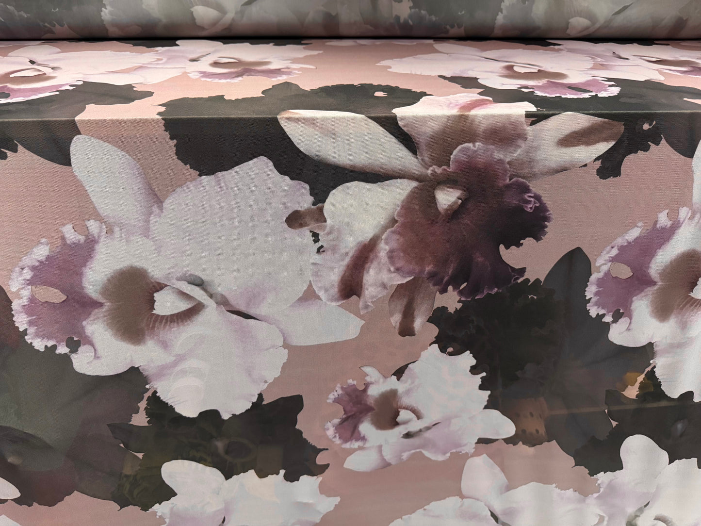 Power mesh net stretch spandex fabric, per metre - lily flower print - dusky pink & lilac