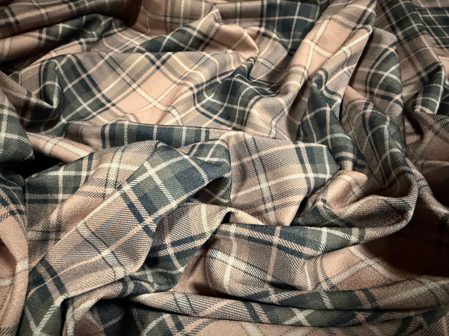 Stretch spandex crepe jersey fabric, per metre - tartan print - dusky pink & grey