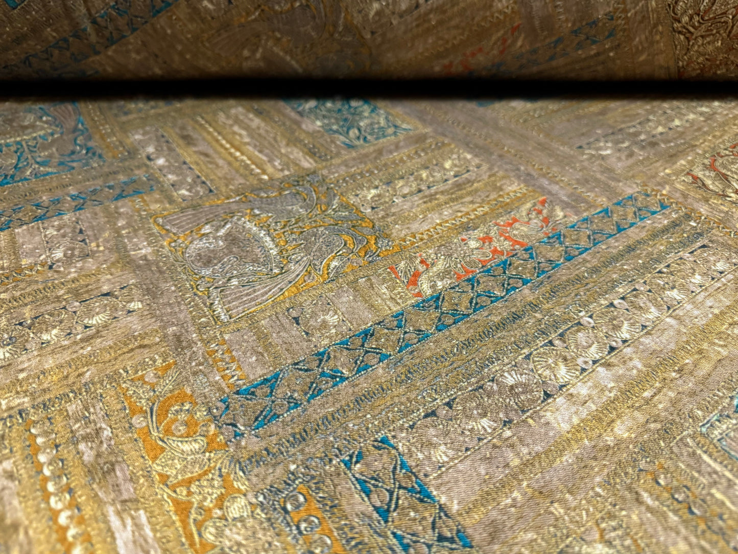 Single jersey fashion fabric, per metre - floral squares print - gold & turquoise