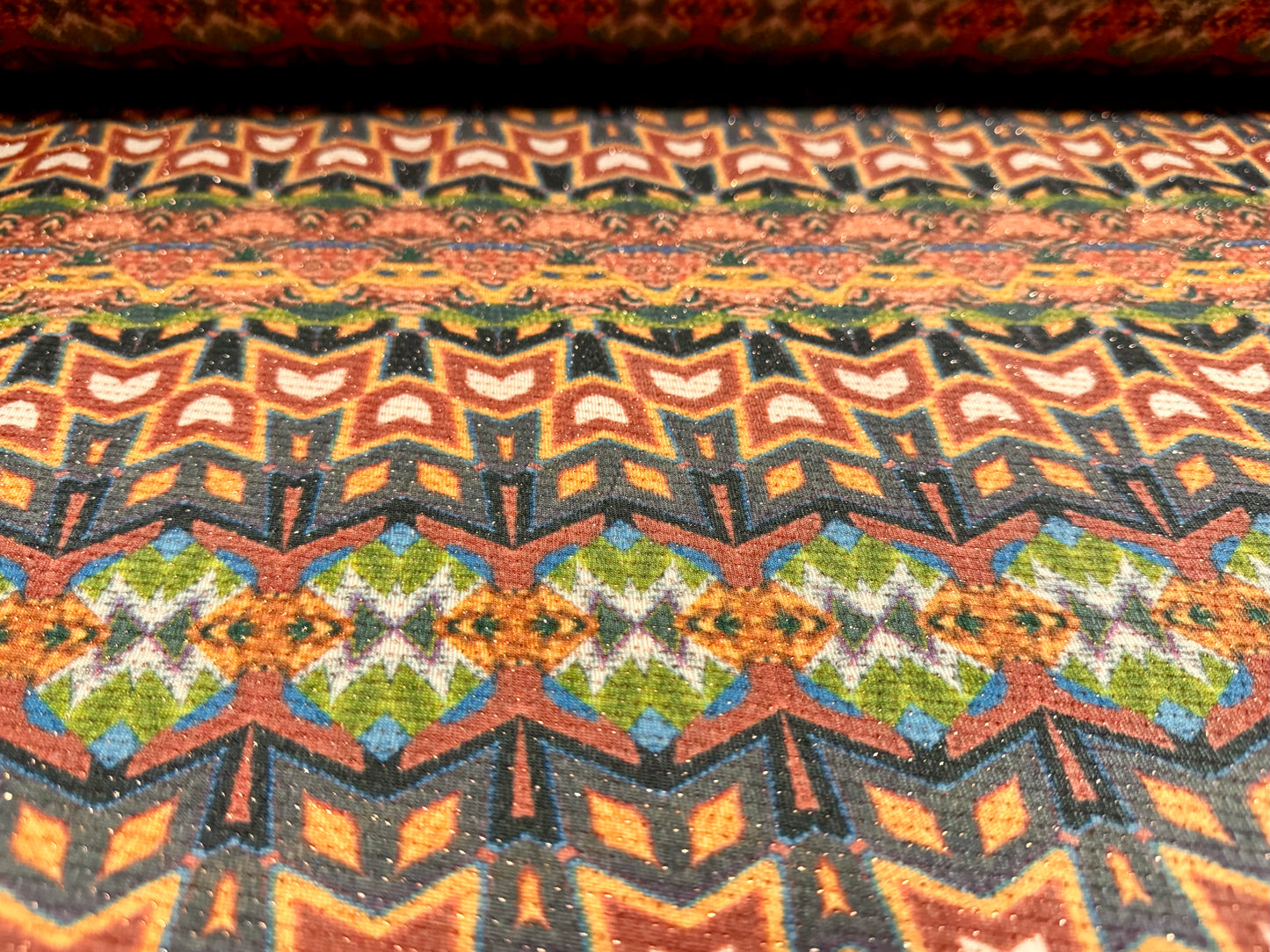 Metallic slinky spandex stretch jersey fabric with gold lurex, per metre - stylised geometric tulip print - multicolour