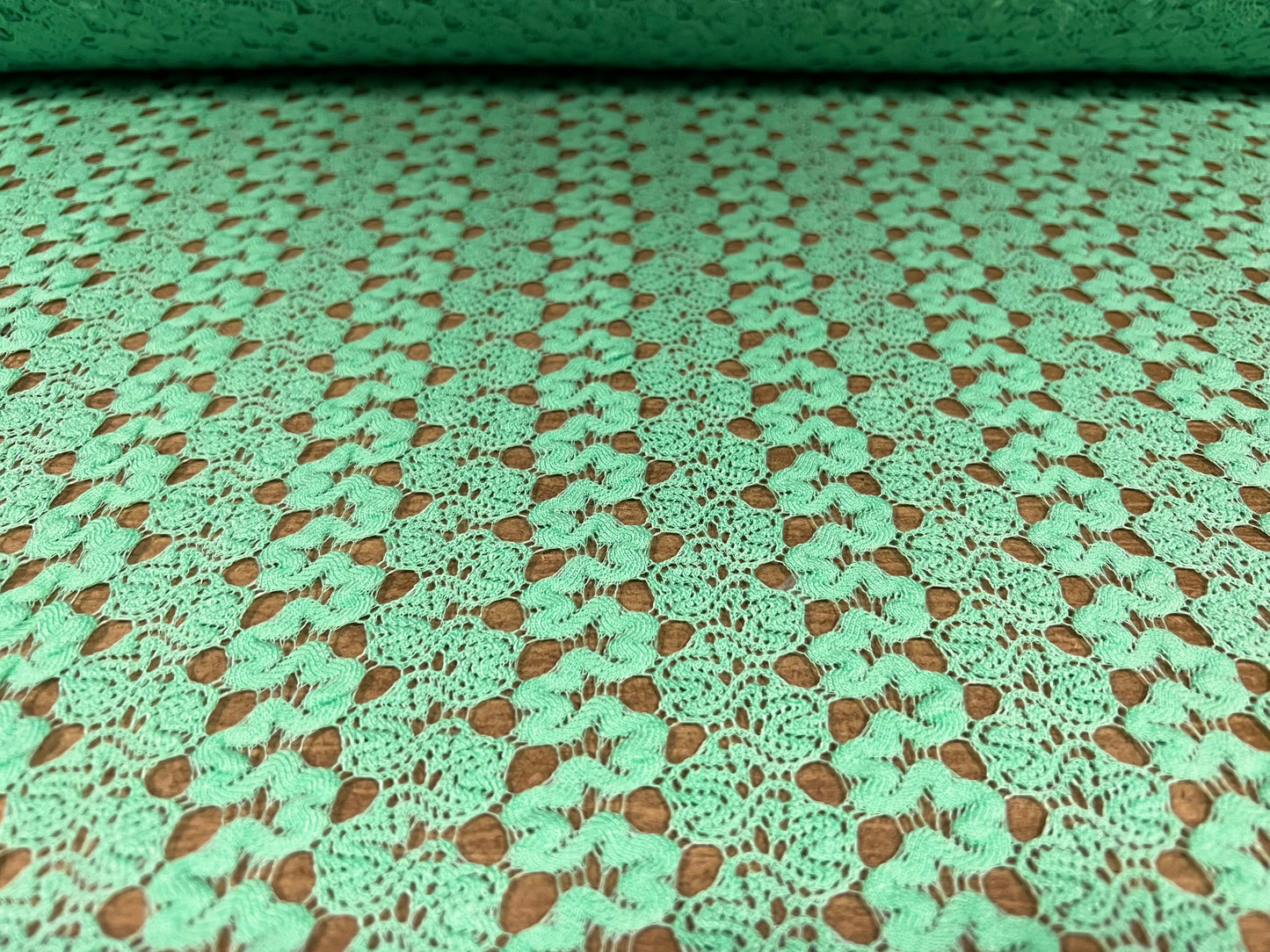 Crochet lace dress fabric, per metre - squiggle design - mint green