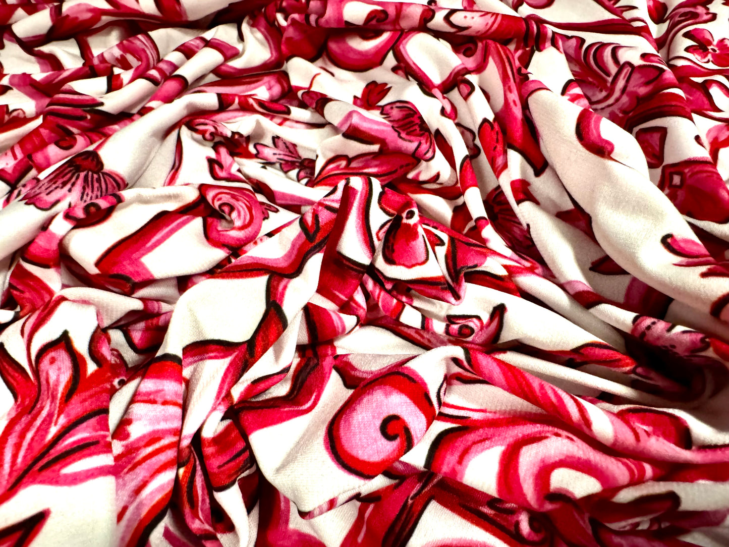 ITY stretch spandex single jersey fabric, per metre - fleur de lys print - cerise pink