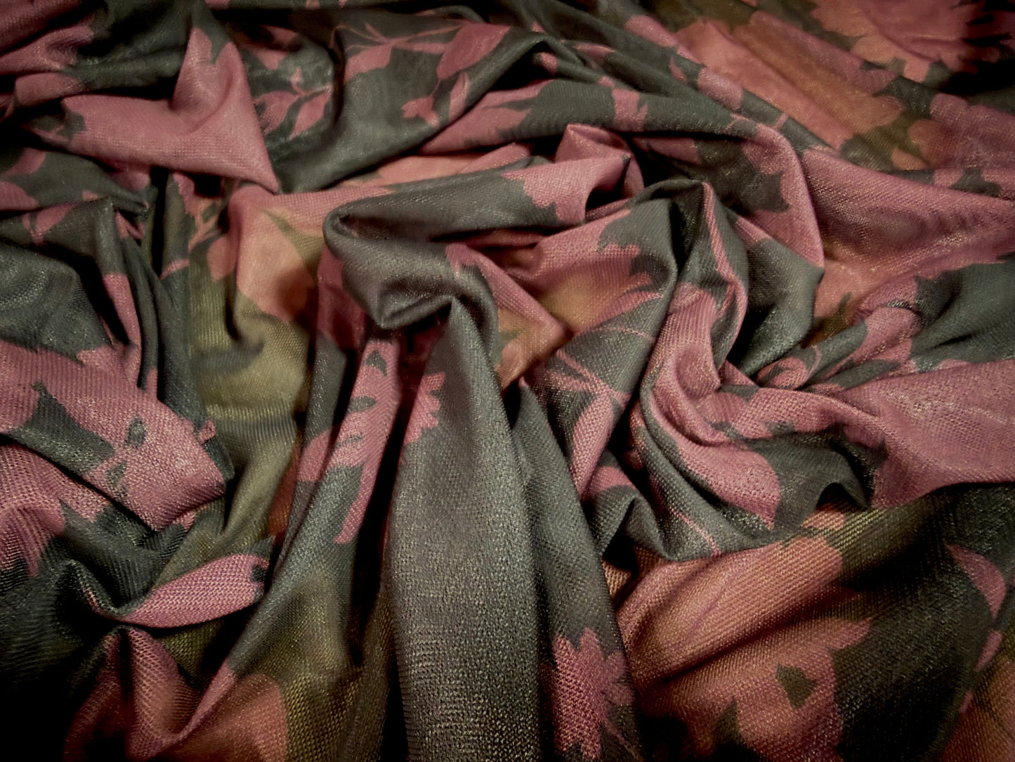 Power mesh net stretch spandex fabric, per metre - floral silhouette - black & aubergine