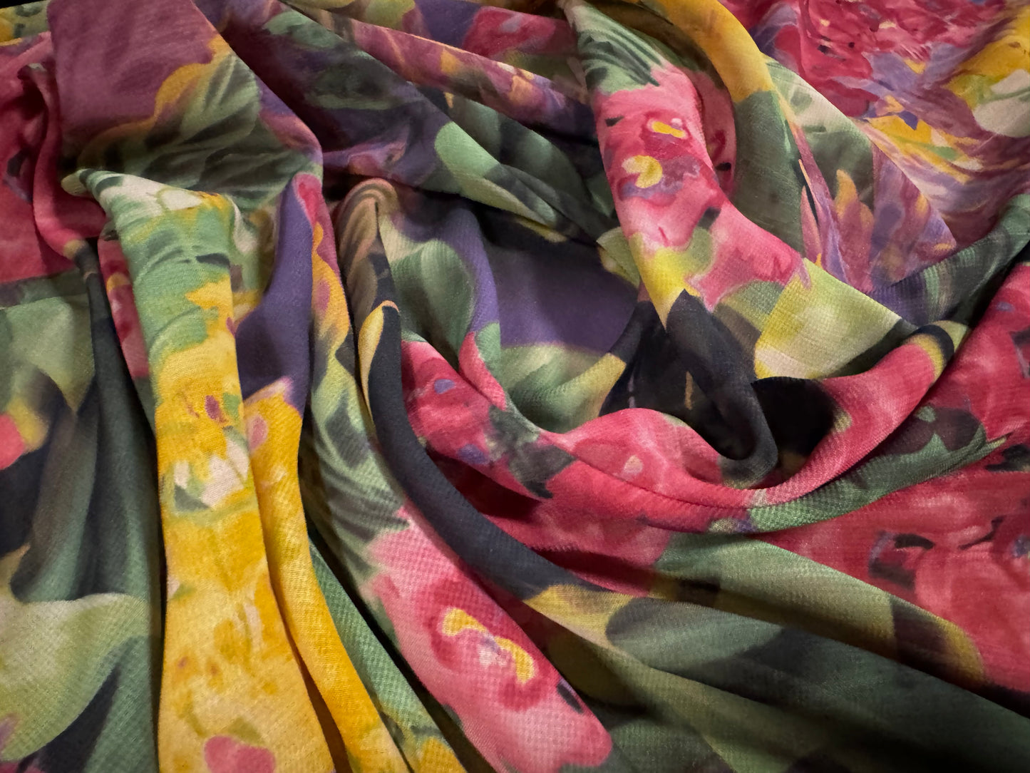 Chiffon woven dress blouse fabric, per metre - stylised jungle flowers print - gold purple & pink