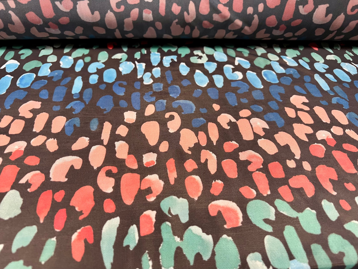 Power mesh net sheer stretch spandex fabric, per metre - abstract smudge print - black pink turquoise blue