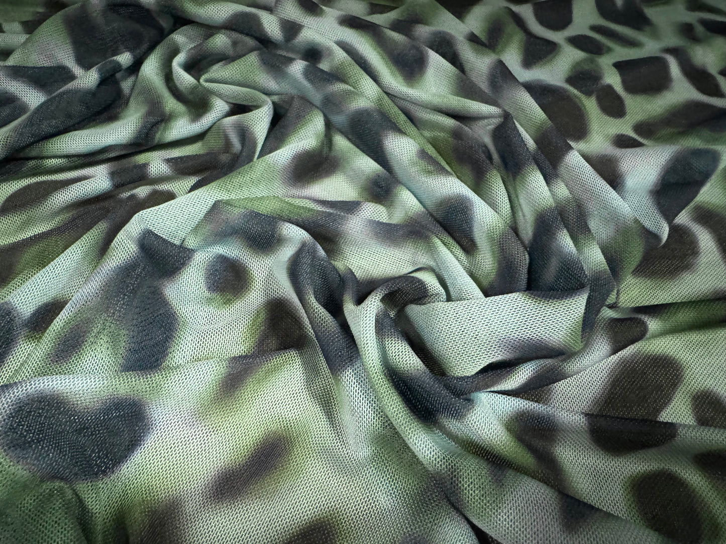 Power mesh net stretch spandex fabric, per metre - smudged leopard print - duck egg