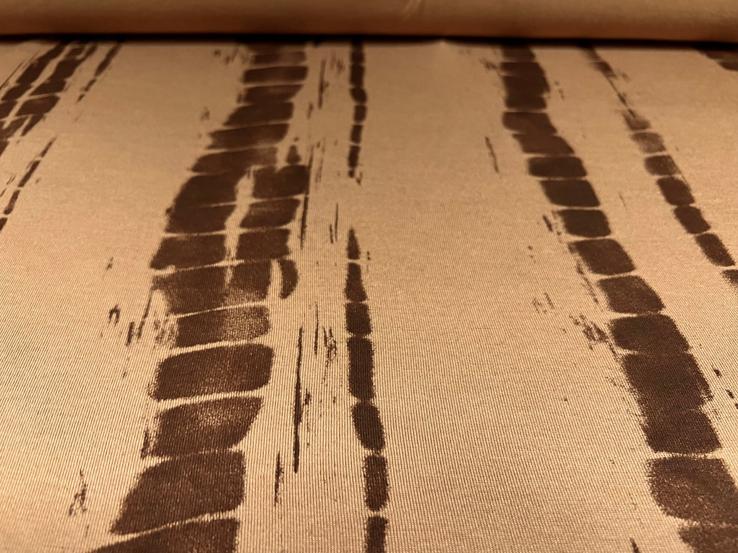 Viscose spandex stretch single jersey fabric, per metre - abstract stripe print - caramel & brown
