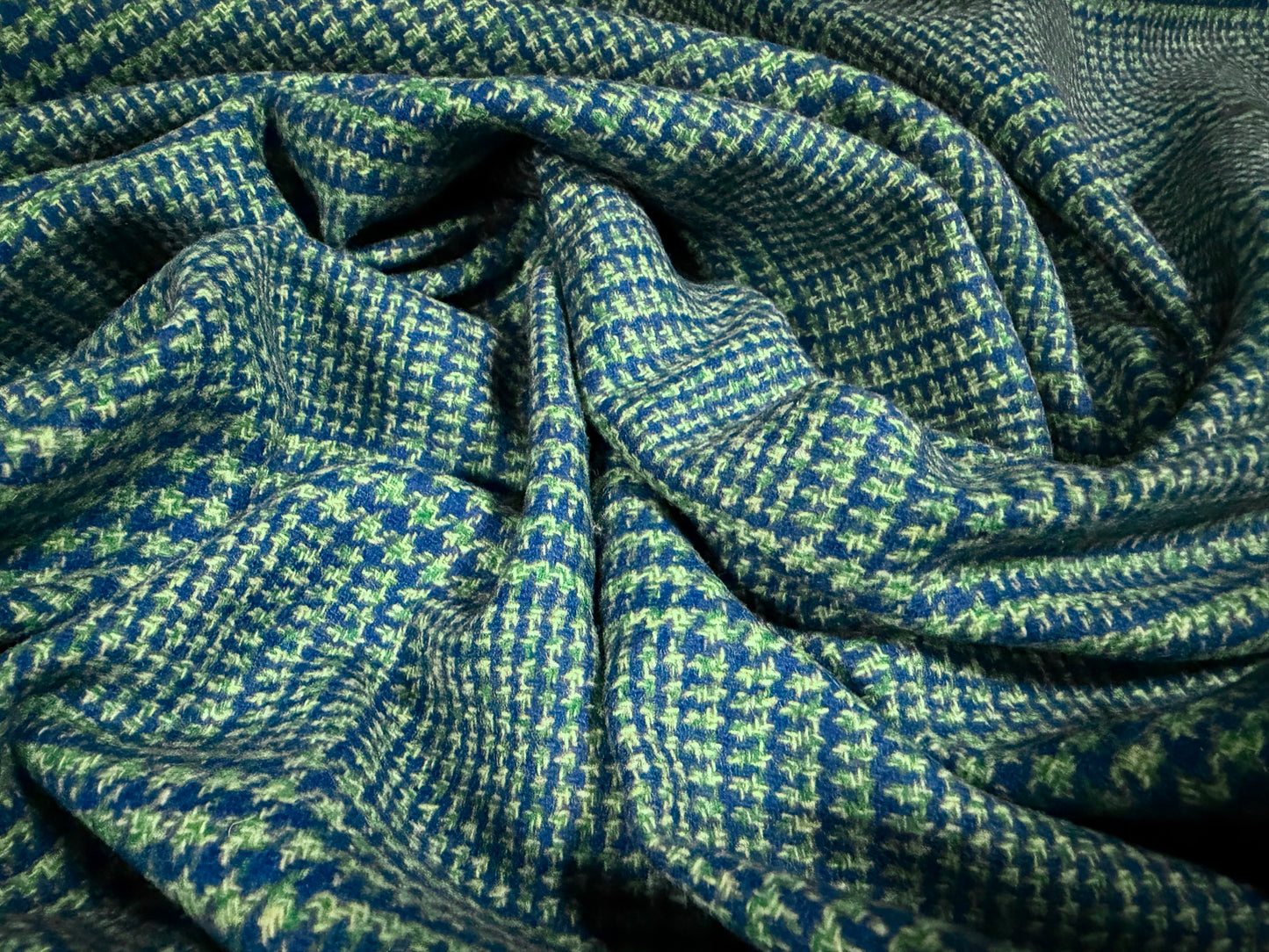 Wool tweed fabric, per metre - dogtooth check - blue & green