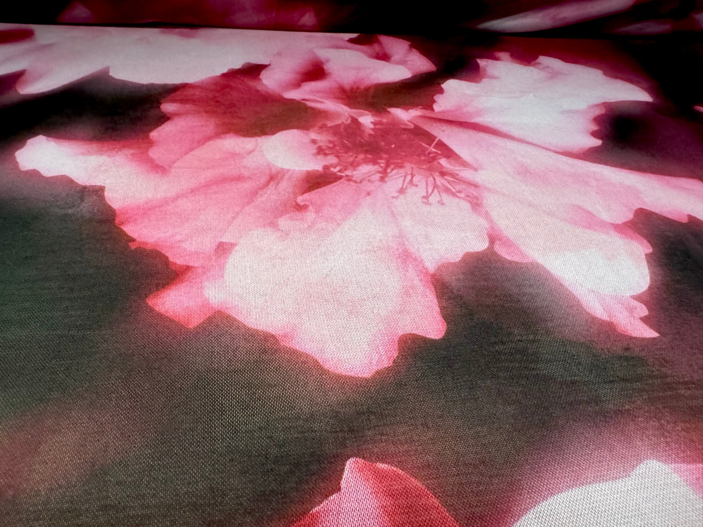 Power mesh net stretch spandex fabric, per metre - peony floral print - black & pink