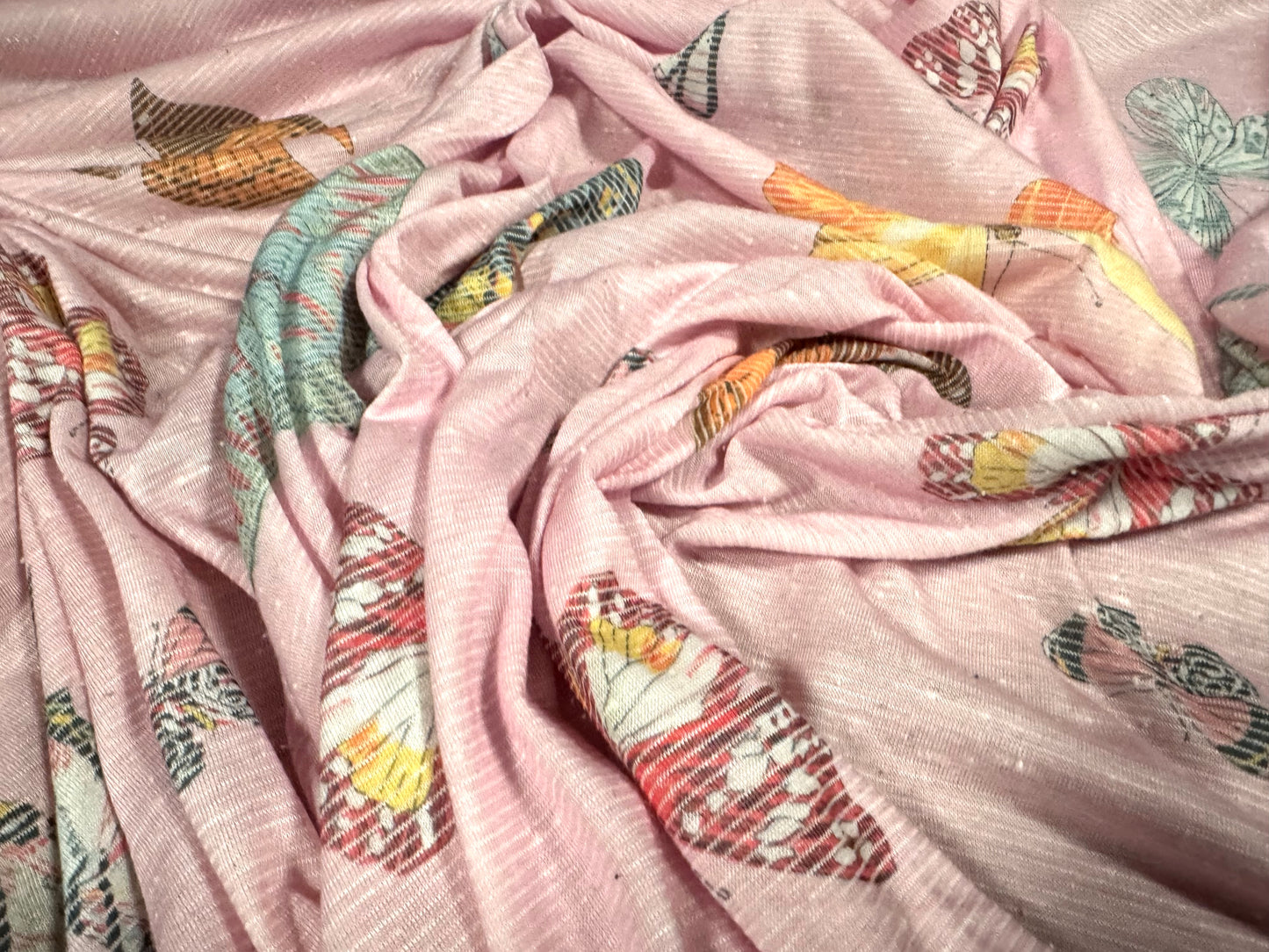 Soft handle slub jersey dress fabric, per metre - butterfly print - pink with multicolour butterflies
